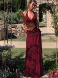Ifomt Sexy V Neck Solid Color Halter Tops Suit Women Elegant Pleat High Waist Midi Skirt 2pcs Set New Summer Lady Vocation Beach Robes