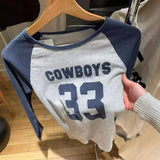 Ifomt 33 Cowboys Printed Slim Long Sleeve T-shirts Streetwear Round Neck Tight  Fall Tees Cotton Gray Navy Blue Patchwork Y2k Tops