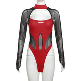 Ifomt Sexy Hollow Out Bodysuit Woman Summer Mesh Splicing Backless Hottie Long-Sleeve High Collar Top Chic Skinny Clubwear Bodysuits Spring Style 2025