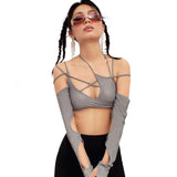 IFOMT Outfit Punk Women Halter Tops Gothic egirl Patchwork Long Sleeve Crop Top Sexy Cut Out Casual T-shirts