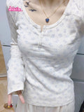 Ifomt Hollow Out Bear Long Sleeve T-Shirt Summer Round Neck Buttons Cotton Slim Sexy Top for Women Vintage Sweet Cute y2k Tops Chic