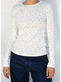 Ifomt Floral Print Slim T-Shirts Women Summer Sweet Lace Trim O Neck Cotton Long Sleeve Y2k Tops Female Chic Sweet Tee Shirt 2025