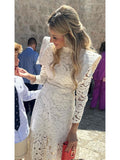 Ifomt Elegant Hollowed Lace Maxi White Dress Women Fashion Mock Neck Long Sleeved Shoulder Padded Robes 2025 Evening Women's Clothing