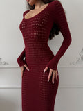 IFOMT TRAUXY Sexy Hollow Knitted Dress For Women Long Sleeve Plunge Crocheted High Street Angora Red Bodycon Dress Lady Autumn Fashion