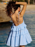 Ifomt Elegant Square Neck Ruffles Layer Hem Blue Mini Dress Fashion Sleeveless Backless A-line Vestidos Casual Holiday Summer Dresses