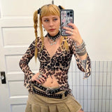 IFOMT Outfit Sexy Leopard Irregular Long-Sleeved Crop Top Tie V-Neck Graphic Print Ins Hottie Girl T-Shirt Y2K Autumn NewStreet