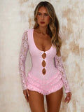 IFOMT Lace Spliced Sexy Slim Bodysuits For Women Hollow See Through Fashion Low Collar Hot Girl Party Club One Piece BodysuitsChristmas Gifts