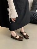 IFOMT Belt Buckle Shallow Cut Split-Joint Square-Toe Flats Mary Janes