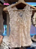 Ifomt Light Blue Lace Hollow Out Female Tank Transparent Sexy Mesh Summer Vest 2025 Solid Perpetive Y2K Tight Sleeveless Tops Women