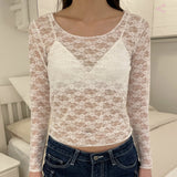 Ifomt Lace Flower Sheer Long Sleeve Tee Perpetive Casual Solid Women T-shirts O Neck Thin Tight Sexy Fashion Spring Summer Y2K Top