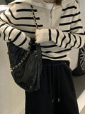 IFOMT Stripe Splice Lapel Neck Half Zip Sweater