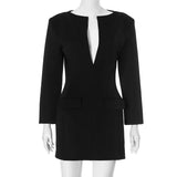 IFOMT 2025 Spring Deep V-neck Suit Short Dress Fake Pockets Line Splice Clothes Black Long Sleeve Bodycon Dress Office LadiesChristmas Gifts