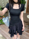 IFOMT Fake Two Pieces Lace Neck Hanging Short Sleeved T-shirts for Women Summer Tops Sexy Desire Design Versatile Irregular U-neck Top