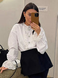 IFOMT Retro Diamond Ruffled Shirt For Women Stand Color White Top Casual Fashion Flare Long Sleeve Single Breasted Lady Blouses