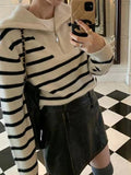 IFOMT Stripe Splice Lapel Neck Half Zip Sweater