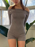 IFOMT Knit Off-Shoulder Short Jumpsuit For Women Casual Summer Long Sleeve Shorts Playsuit Knitted Slim Bodycon Romper New Christmas Gifts