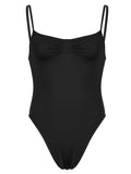 IFOMT Spring Outfits Sweetown Sleeveless Skinny Shirring Skinny Sexy Spaghetti Strap Bodysuit For Women Black Solid Simple Basic Vacation Camisole