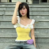 IFOMT Outfit Summer Fairies Light Yellow T-Shirt Solid Color Off Shoulder Gossip Lace Slim Crop Tops Casual Cute Sexy Sweet