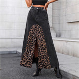 IFOMT Leopard Splice Denim Skirt For Women Autumn New Streetwear Versatile Midi Skirt High Waist Slit Print Lady Fashion Skirt