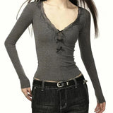 IFOMT Sexy Lace Bow Patchwork Black Crop Top Women V-Neck T-shirt Skinny Long Sleeve Versatile Slim Tee Shirt Female Streetwear 2024