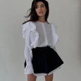 IFOMT Ruffled Flare Sleeve Shirt Dress For Women With High Waisted Shorts Contrast Color Patchwork Mini Party Dress Autumn New