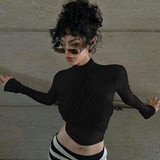 Lyegns Mesh Long Sleeve High Neck Bandage See Through Long Slim Women'S Tops Tshirts Y2K  Party Y2K Casual Wholesale Clothing