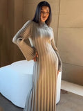 IFOMT Fall Winter New Knitted Dress Female Casual Big Striped High Collar Sweater Long Dress Elegant Flare Sleeve Party Dresses