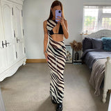 IFOMT Outfits Women's Summer Boho Beachwear Sleeveless O-Neck Cutout Zebra Striped Print Mesh Sheer See-through Straight Long Dress