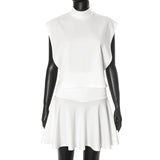 IFOMT Short Skirt Two Piece Sets Female Half Turtleneck Sleeveless Top Pleated Skirt Sexy White Casual Matching Set 2025 New