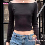 Ifomt Solid Ribbed Long Sleeve T Shirt Women 2025 Spring Cotton Sexy Slash Neck Tees Tops Harajuku Streetwear Slim Crop Top Y2k Tshirt