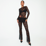 IFOMT Outfit New Sexy Lace See-Through Set Set Head Round Neck Long Sleeve Bodysuits + Lace Patchwork Flared Pants Set Fashion Set