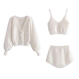 IFOMT Women Two Piece Sets Outfits White Plush Mohair Drill Button Cardigan Coats With Bra Tops And Mini Shorts Matching SetsChristmas Gifts