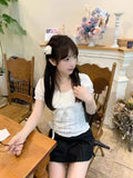 Ifomt ootd Y2k Top Lace White Slim Kawaii Cute Women Clothes T shirt Suit Harajuku Sexy Sweet Girl Japanese Grunge Crop Top 2000s Tshirts
