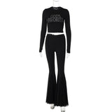 IFOMT Outfits O Neck Diamonds Rhinestone Long Sleeve Tshirt Top Long Flare Pant Women'S Sets Autumn Casual Clothing Fashion Korean