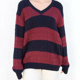 Ifomt Vintage Green Striped Knitted Sweater Women Autumn Winter V Neck Long Sleeve Oversize Pullovers Simple Casual Cotton Top Chic