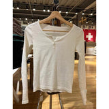 Ifomt Solid Color Gray Ribbred Women T-shirts Spring Fall  Casual Basic Long Sleeve Tee Cotton Blend Tight Y2K Street Tops Woman
