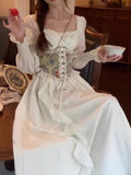 Ifomt Elegant Midi Dresses for Women with Floral Wide Corset Belt Ruffles French Vintage Chic Party Dress Birthday Prom Robe Vestido ootd outfit idea