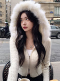 IFOMT Spring Outfits White Solid Slim Zip Up Hooded Cropped Sweater Cardigan Women Autumn Winter New Sweet Coquette Fluffy Outerwear