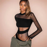 IFOMT Spring Summer New Fashion Cut Cross Hollow Mesh Jumpsuit Long-Sleeved Thin O Neck Diagonal Black Charming Bodysuit Clubwear