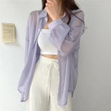 IFOMT Perspective Shirts Women Sheer Thin Chic Summer Simple Solid Sun-proof Top Fashion Blouse Baggy All-match Basic Korean Clothing