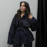 Ifomt Retro Belt Denim Pants Set Women Lapel Pockets Long Sleeved Jacket Zipper Straight Leg Jeans 2025 Spring High Street Female Sets