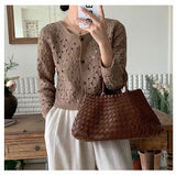 Ifomt Long Sleeve Crochet Top for Women Sheer Button Up Hollow Out Openwork Knit Cardigan Jacket Spring Summer Boho Vacation Outfit Casual Outfit