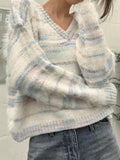 IFOMT Colorful Striped V Neck Short Knit Sweater