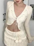 IFOMT Butterfly Pointelle Lacing Trumpet Sleeve V Neck Cardigan