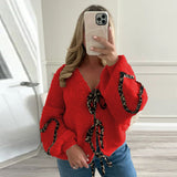 IFOMT Outfit Retro Knitted Leopard Lace Up Sweater Women Casual Loose Hollow Out Printed Love Cardigan Sweaters Female Autumn Chic Tops