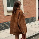 IFOMT Spring Outfits Casual Brown Lapel Pocket Suede Leather Jacket Fashion Woman Single Button Long Sleeve Crop Coat 2025 Lady Autumn Street Outwear