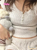 Ifomt 2025 New T-shirts Homewear Sweet Two Piece Set For Women Three Buttons Short Sleeve Tees And Shorts Chic Retro Summer Women Suit