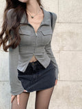 IFOMT Women T-shirt Spring Autumn Clothes Ribbed Knitted Long Sleeve Short Tops Zipper Design Tee Sexy Female Slim Tops