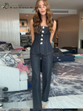 Ifomt Street Denim Pants Set Women Sleeveless Single Breasted Slim Square Collar Tank High Waist Straight Jeans 2025 Summer Lady Suit