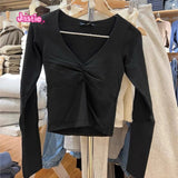 Ifomt Solid Color Basic Tops Woman Folds V-neck Long Sleeve Tees Cotton New Fall Spring Tight Chic Short T-shirt Streetwear Y2K Tshirt